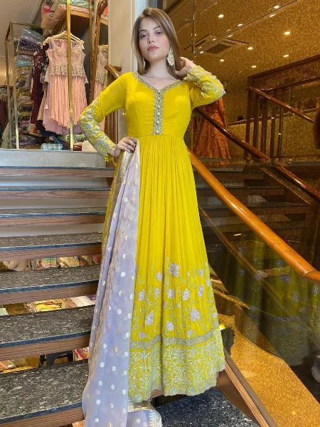Buy Sabyasachi Designer Anarkali Suit Yellow Color Silk Anarkali Gown With  Embroidery Work Indian Pakistani Wedding & Eid Festival Wear Suits Online in  India - … | Bridesmaid dressing gowns, Designer anarkali,