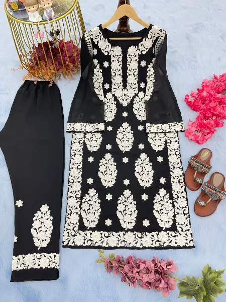 Black Color Kurti With Pant in Georgette With Embroidery Work