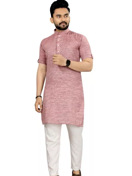 Light Pink Color Mens Kurta Pajama Set in Khadi Cotton Mens Kurta