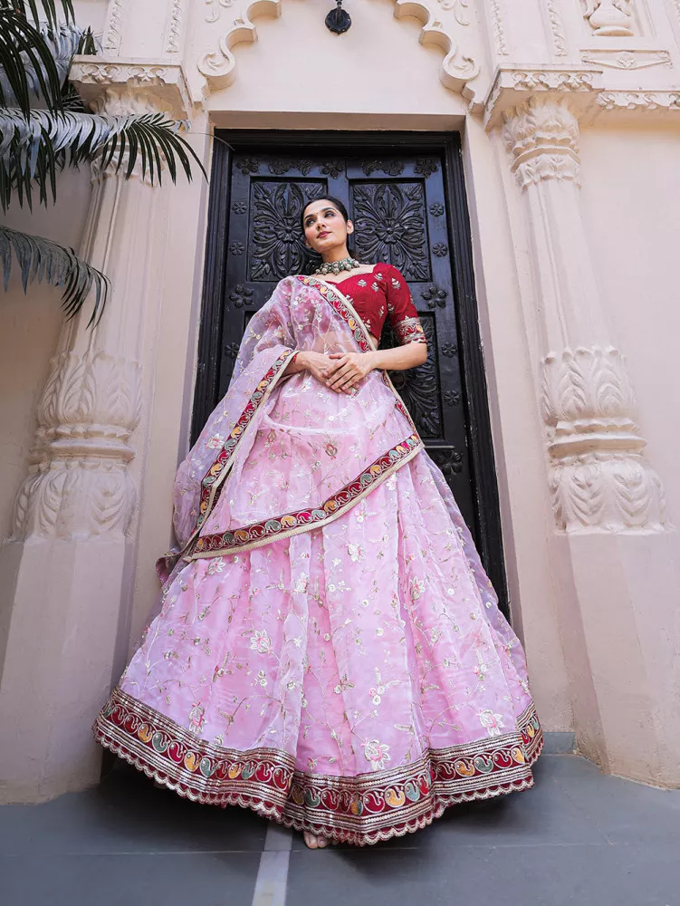 Pink and Blue Designer Velvet and Organza Hand Embroidered Bridal Lehenga |  Mohi Fashion - wefind