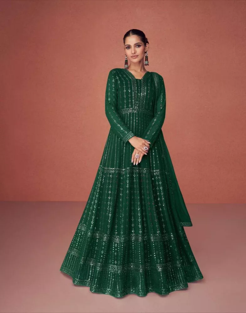 Green georgette embroidered semi stiched party wear anarkali salwar suit -  RJ Fashion