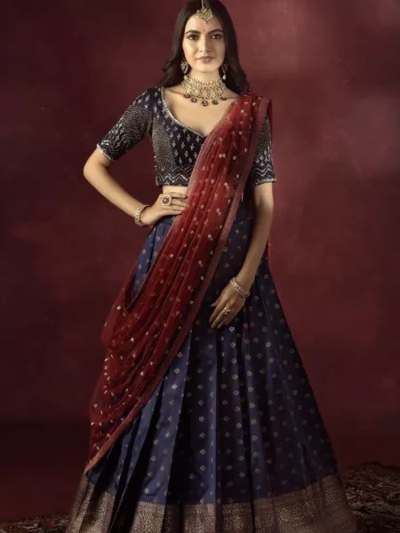 Navy Blue Color Half Saree Lehenga Choli in Kanjivaram Silk With Dupatta South Indian Wedding Lehenga