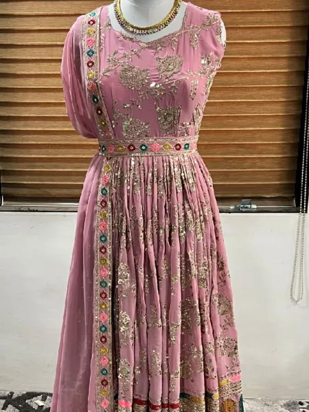 Dusty Pink Fancy Gown With Colorful Embroidery Work for Grand Entry and Function