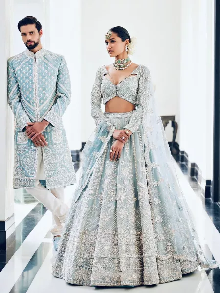 Surf Blue Lehenga Set with All-Over Zari Embroidery and Silver  Embellishments - Seasons India
