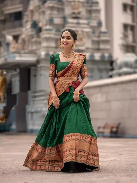 Buy NAKKASHI pista green satin lehenga paired with pink premium mono net  dupatta/pallu and matching pista green satin silk blouse at Amazon.in