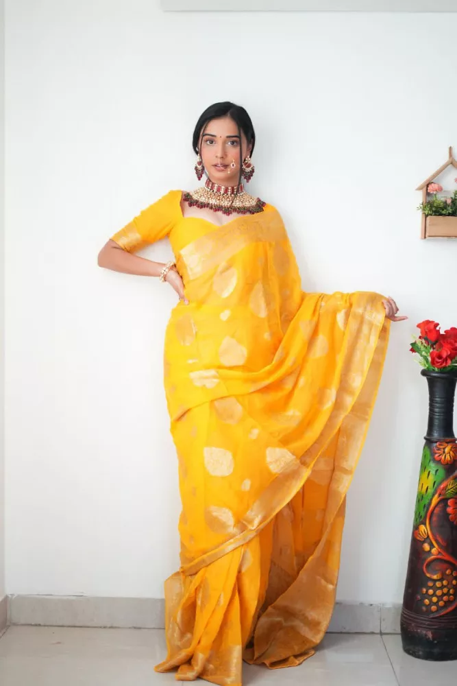Yellow Ready to Wear Saree for Wedding and Haldi Ceremony Indian Readymade  Saree in USA, UK, Malaysia, South Africa, Dubai, Singapore