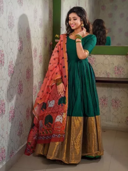 Green Color South Indian Gown in Pure Silk With Zari Weaving With Dupatta