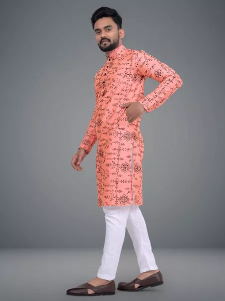Men's Traditional Kurta Pajama Set in Peach With Beautiful Embroidery Work in Soft Parbon Silk