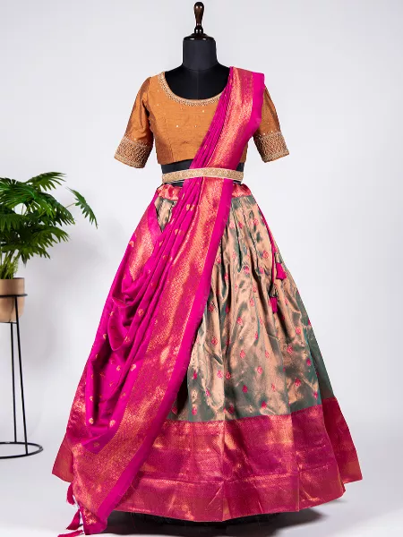 Orange and Red embroidery banarasi silk lehenga online india