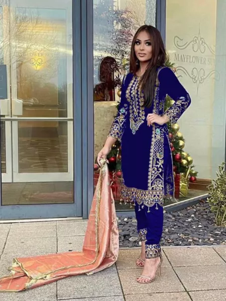 Party Wear Blue Color Designer Silk And Net Salwar