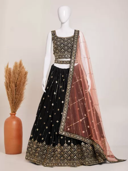 Black Color Bridal Lehenga Choli in Crush Pattern Georgette With Sequins Embroidery