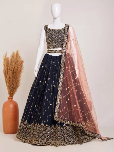 Navy Blue Color Bridal Lehenga Choli in Crush Pattern Georgette With Sequins Embroidery