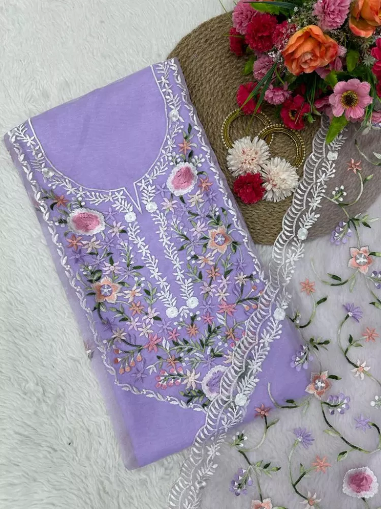 Buy ADA Hand Embroidered Lavender Georgette Lucknowi Chikankari Dress  Material - A211321 (Set of 3) online