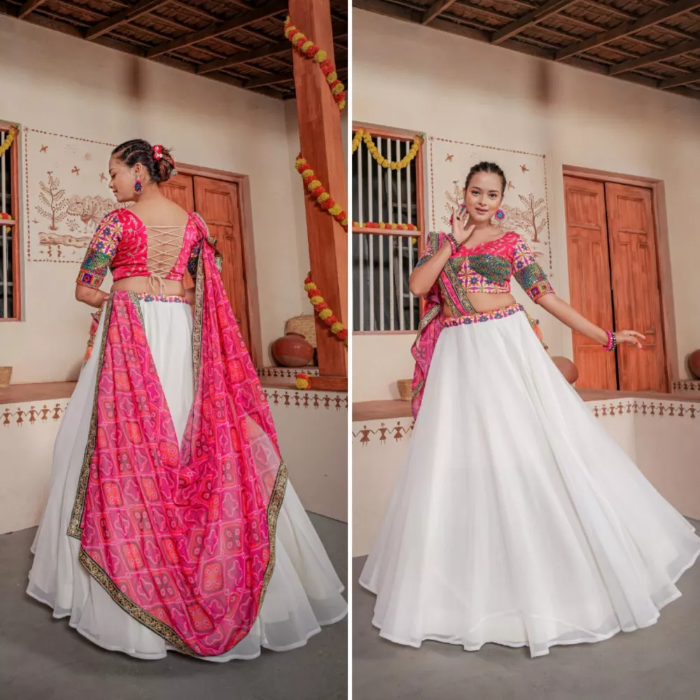 White Gamthi Work Navratri Special Lehenga Choli With Traditional Dupatta  For This Navratri - Zakarto