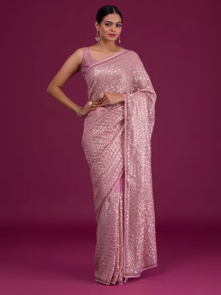 Pink Color Sequence Saree in Georgette With Swarovski Diamond Work Party Wear Saree