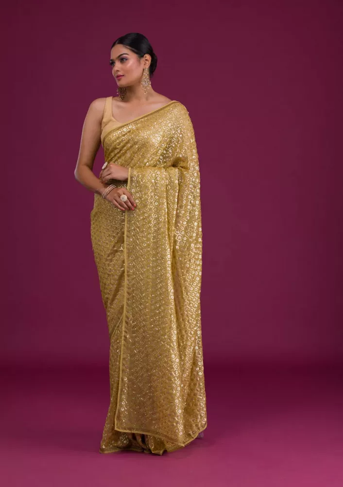 Yellow Brown Drape Saree- Ready to wear- Fusion Party Wear – Dharang