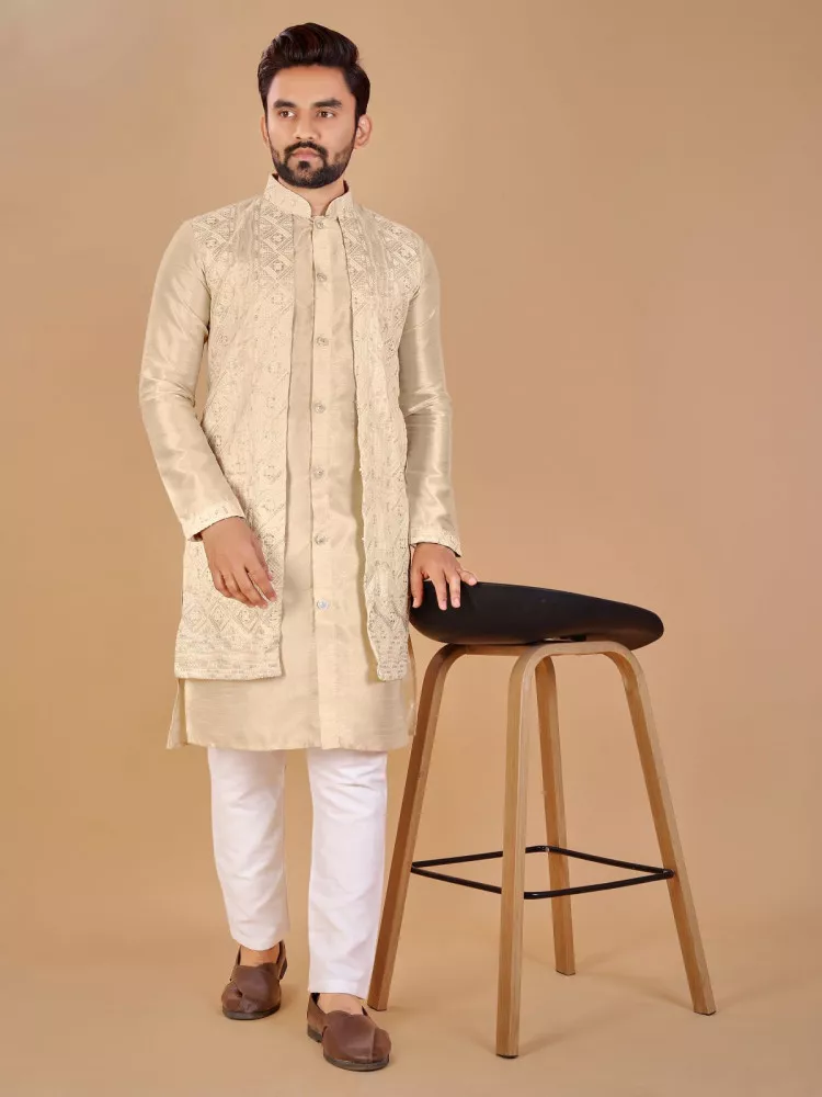 Size 44 Luxurious Stylish 3 Piece Kurta Pajama with Long Jacket-Cotton