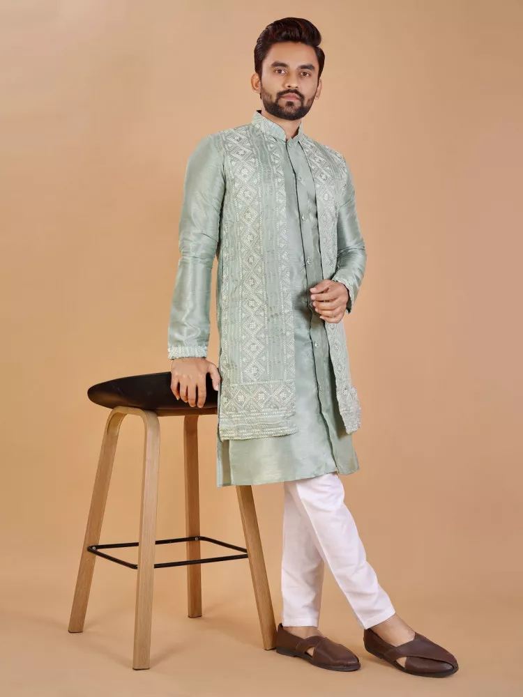 Green and Gold Kurta Jacket Set, Bandhgala Suit for Men, Indian Wedding  Dress, Front Open Indowestern for Men Groom Dress for Indian Wedding - Etsy