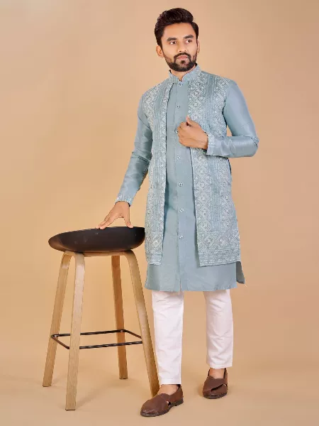 Sky Blue Color Men's Kurta Pajama Set With Attached Jacket and Embroidery Work