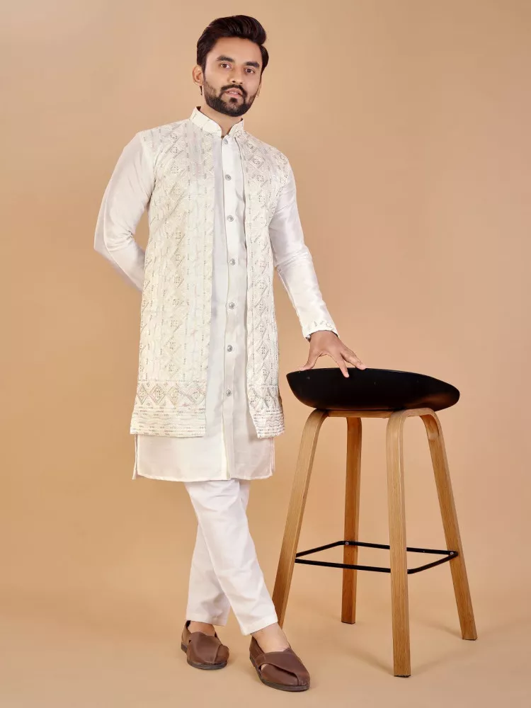 Men's Cotton Printed White Plain Kurta Koti Modi Jacket With White Pajama