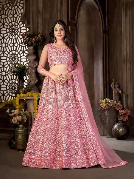 Pink Color Wedding Lehenga Choli in Net With Heavy Sequence