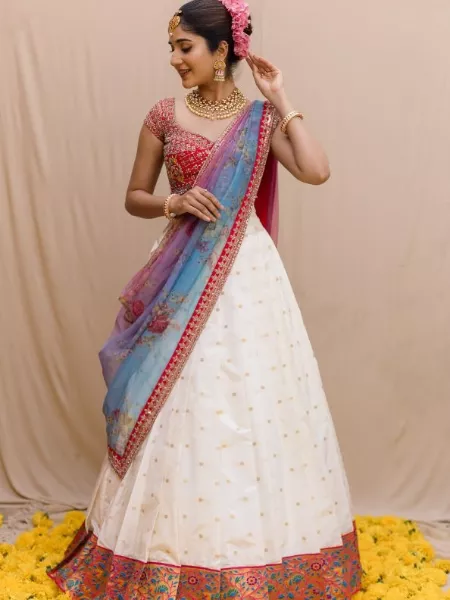 Traditional Cream Silk Weaved Zari South Indian Lehenga LLCV116693