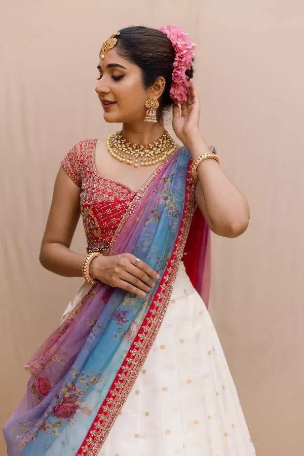 South Indian Style Cream Paithani Silk Lehenga Choli