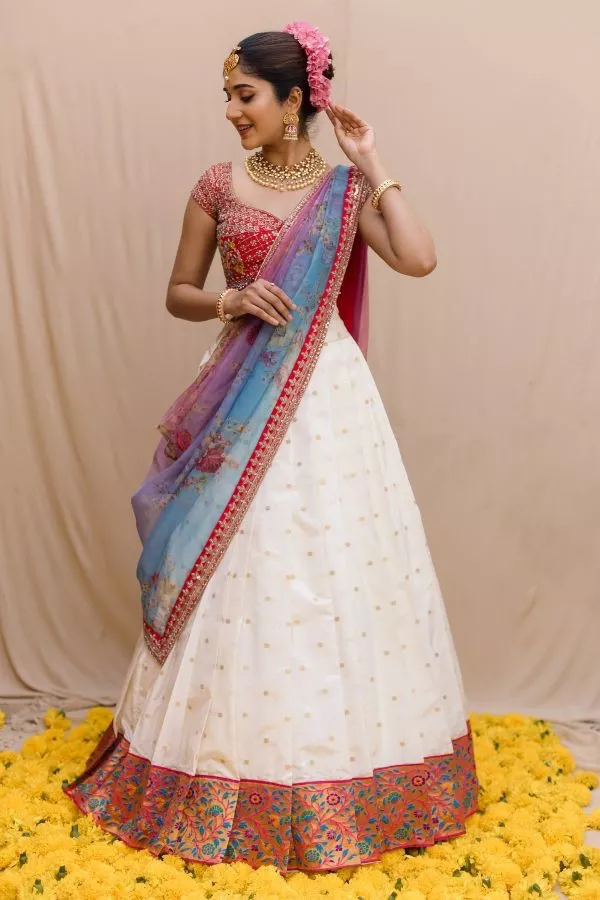 Cream Color Kanjivaram Silk Zari Half Saree Lehenga Choli Wedding And Party  Wear in USA, UK, Malaysia, South Africa, Dubai, Singapore