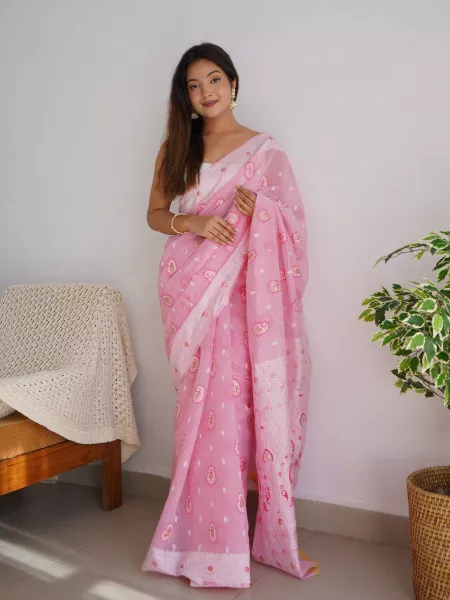 Light Pink Soft Linen Saree With Lucknowi and Zari Weaving Work Indian Sari