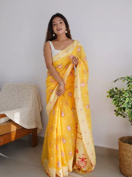 Yellow Soft Linen Saree With Lucknowi and Zari Weaving Work Indian Sari