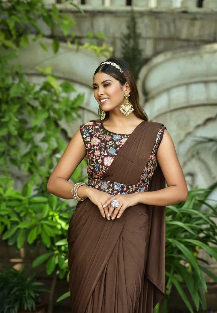 Brown Ready to Wear Stitched Lycra Saree With Heavy Embroidery
