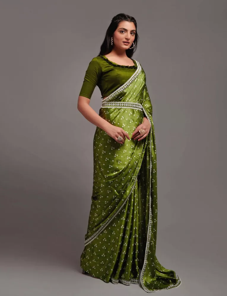 Mehendi Color Satin Silk Saree With Blouse and Embroidery Work Belt and Lace
