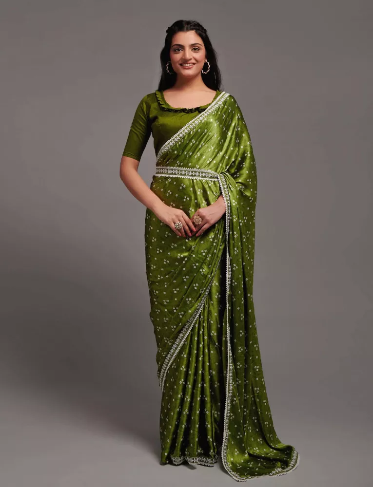 Mehendi Color Satin Silk Saree With Blouse and Embroidery Work