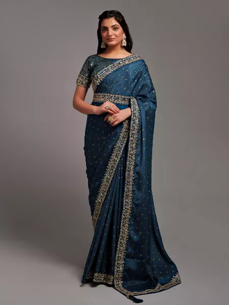 Rama Color Bridesmaid Saree in Chinon Silk With Heavy Sequence Blouse