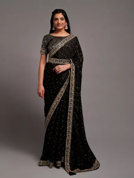 Black Color Bridesmaid Saree in Chinon Silk With Heavy Sequence Blouse