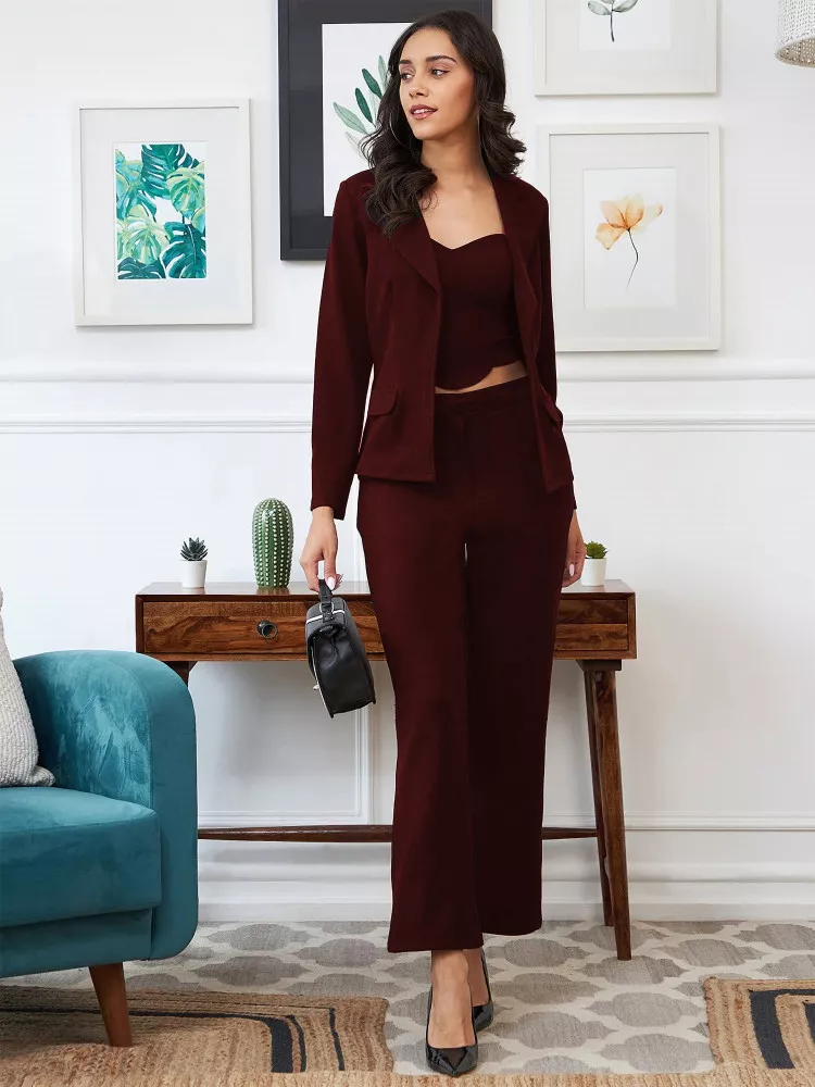 Coffee Color 3 Piece Jacket Top and Trouser Co-Ord Set in Lycra for Office  and Party Wear in USA, UK, Malaysia, South Africa, Dubai, Singapore