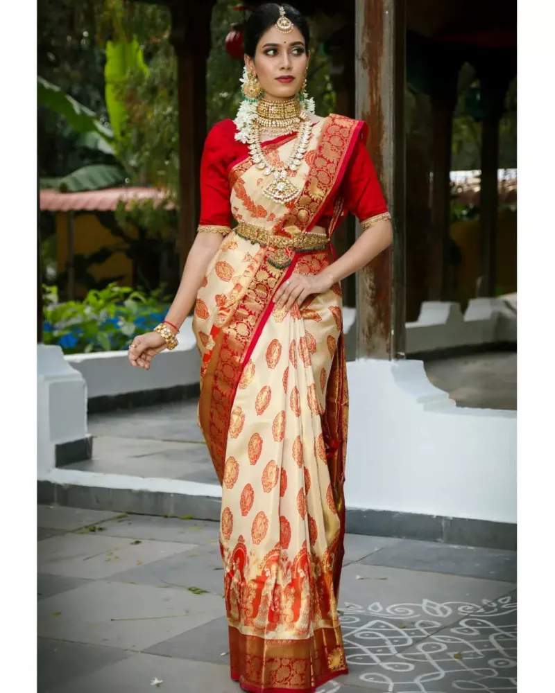 LOOMS Tissue Golden Kasavu Saree with Kathakali Print