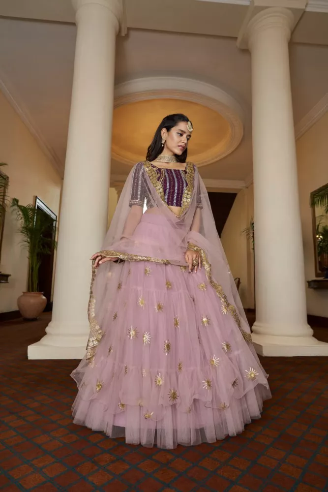 Buy Hypnotic Purple Floral Embroidery Velvet Wedding Lehenga Choli With pink  Dupatta from Designer Lehenga Choli