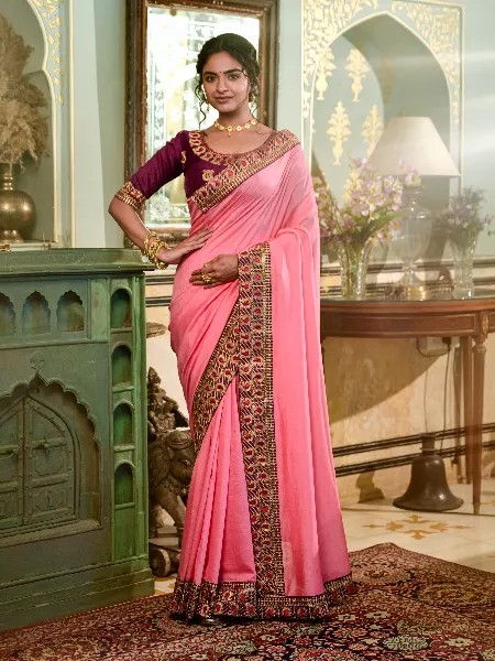 Latest Designer Pink Saree Contrast Blouse | Hot Pink Saree