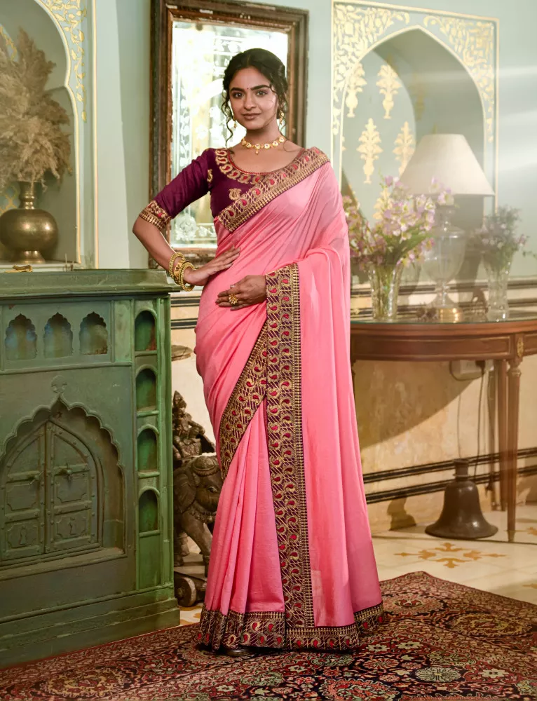 New Designer Baby Pink Color Saree With Blouse-sgquangbinhtourist.com.vn
