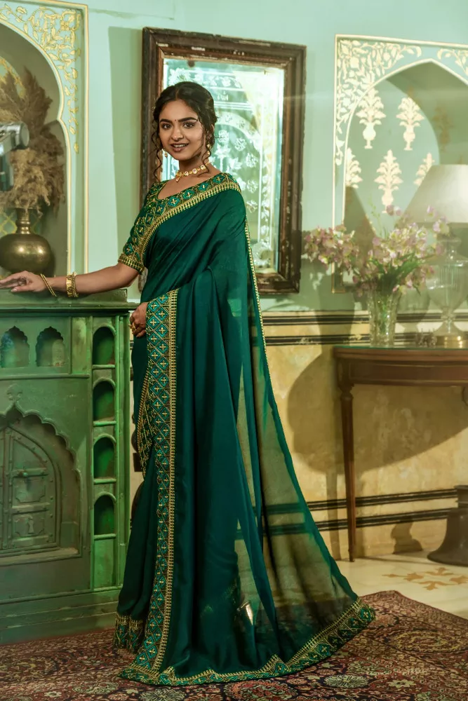 Shiny silk dark green saree for wedding - G3-WSA53882 | G3fashion.com
