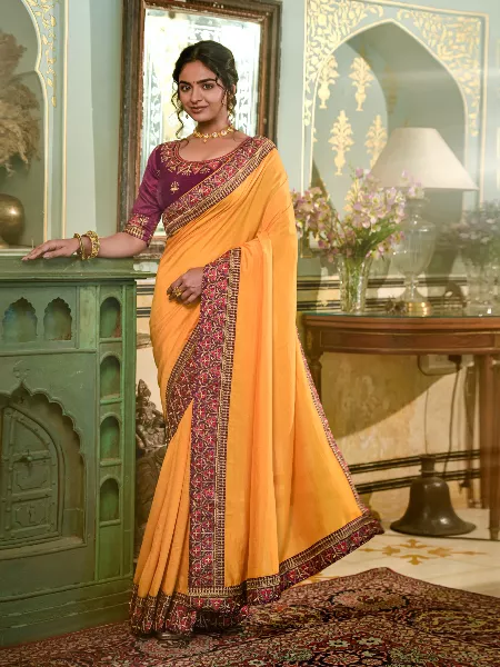 Mustard Color Women Saree in Vichitra Silk With Heavy Embroidery Lace Border and Blouse