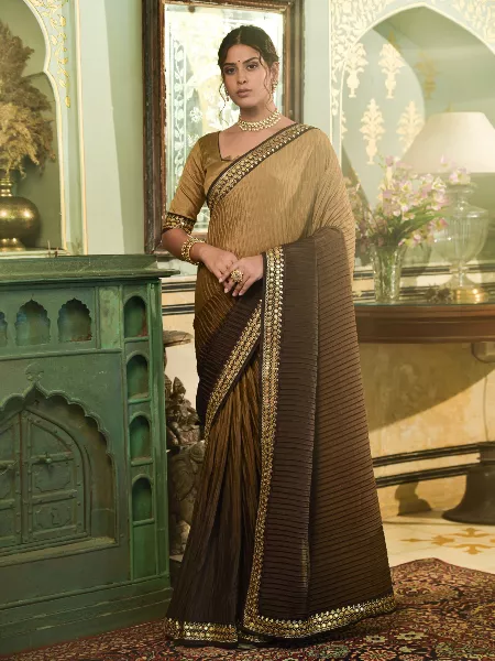 Buy Organza Light Brown Embroidered Saree (NWSA-6150) Online
