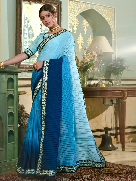 Blue Color Women Saree in Chinon With Heavy Embroidery Lace Border and Blouse