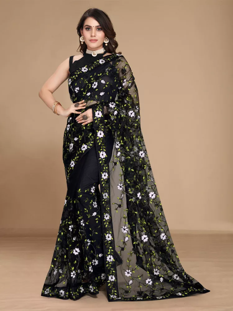 Women's Black Georgette Floral Flower Printed Saree Indian Ethnic Sari  Blouse | eBay