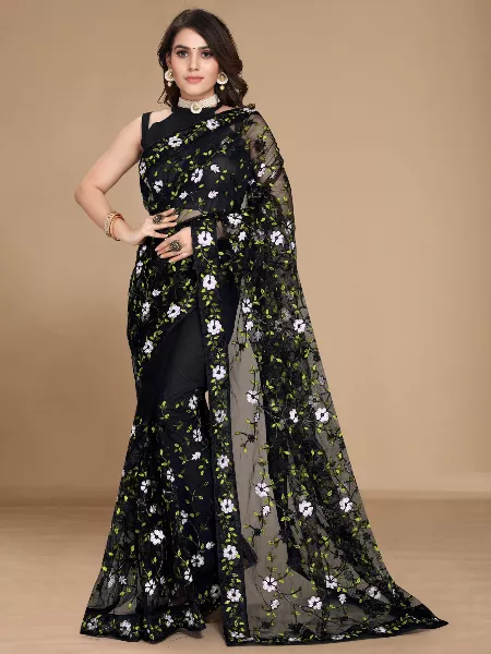 Black Color Soft Net Floral Embroidered Saree With Work Border and Blouse