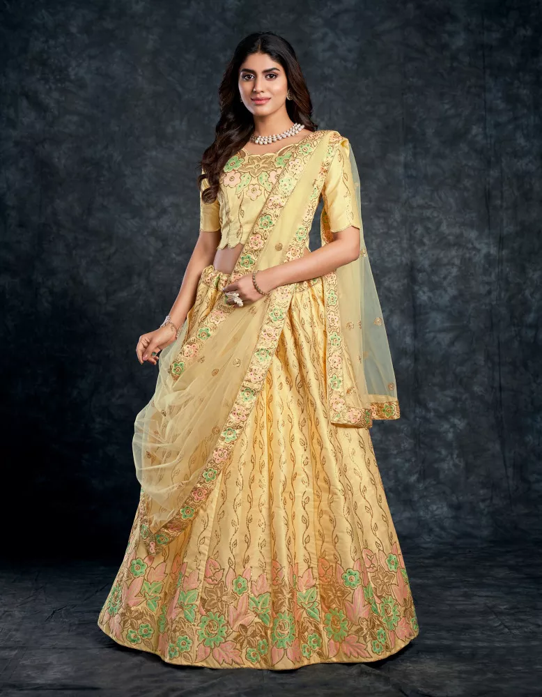 Golden Yellow Thread Work Glitter Lehenga Choli For Haldi