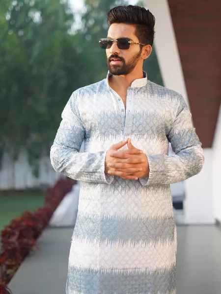 Grey Men's Traditional Kurta Pajama Set in Cotton With Embroidery Work