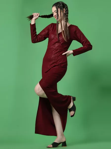 Maroon Color V-Neck Slit Bodycon Dress in Lycra With Embossed Print