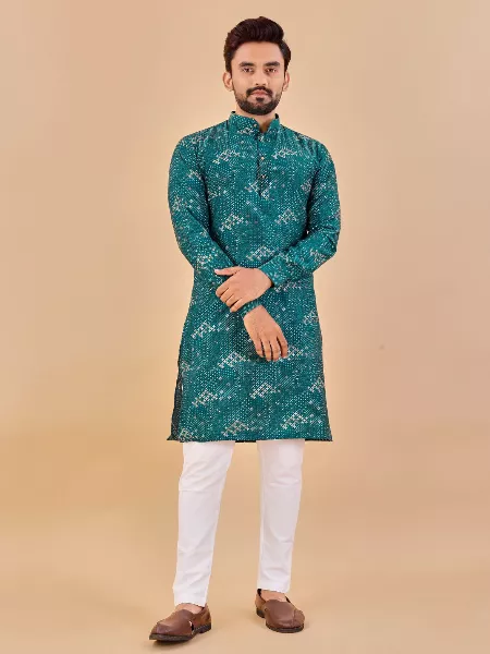 Traditional Mens Kurta Pajama Set in Rama Soft Cotton With Foil Print for Wedding Reception